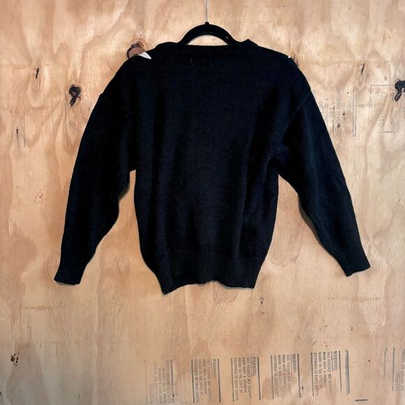 Vintage 80s Anytime Glitz Leather Floral Embellished Black Sweater Medium - Picture 2 of 5
